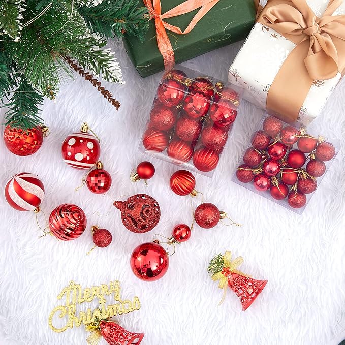 100PCS Christmas Ball Ornaments, Assorted Shatterproof Christmas Tree Decorations, Seasonal Decorative Hanging Baubles Decor Set for Xmas/Holiday/Party, Glitter&Painting Ornament Set (Red)