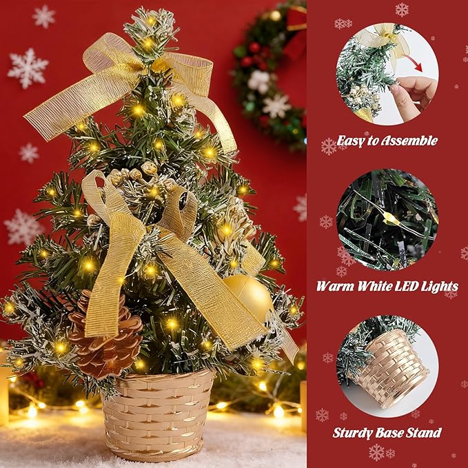 FR 12 Inch Tabletop Christmas Tree,Wintry Pine,Decorated with Pine Cones Berry Clusters,with LED Lights,for Desktop Centrepiece,Mantelpiece,Indoor DIY Christmas Decoration/Gold
