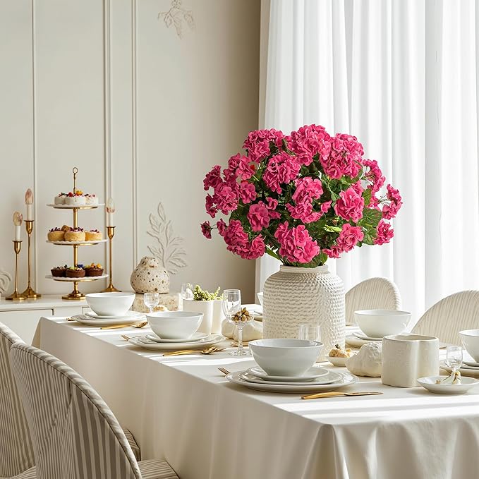 Artificial Geranium Flowers for Outdoors Geraniums Artificial Flowers Realistic Faux Geraniums for Outdoor Planters Silk Geranium Outdoor Fake Flowers Porch Home Kitchen Garden Decor(4PCS，Rose Red)