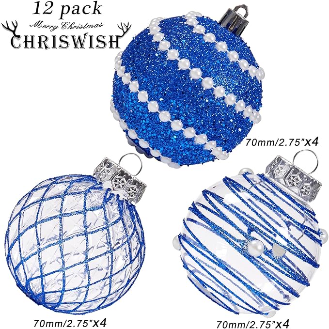 12CT Christmas Ball Ornaments Royle Blue Shatterproof Clear Large Plastic Christmas Tree Decoration, Delicate Hanging Ornaments for Xmas Party, Wedding, Holiday and Home Décor(70mm/2.76")