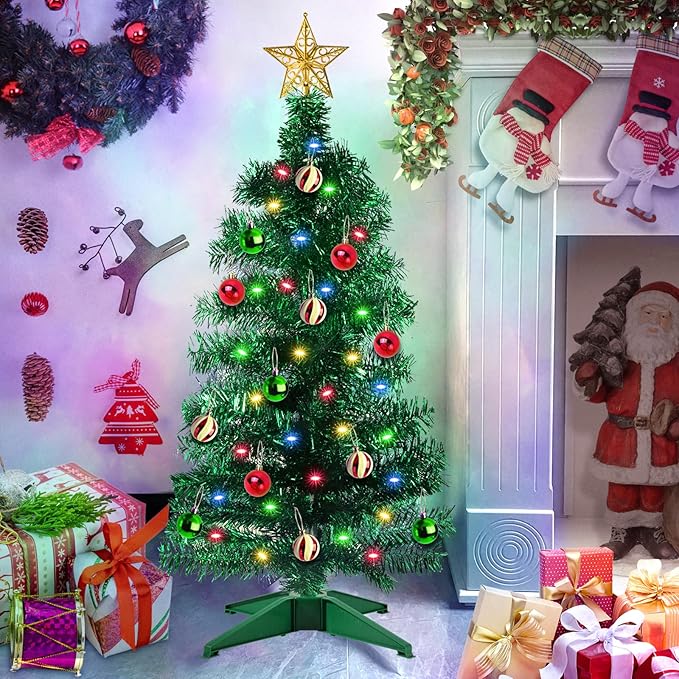 [ 12 Modes & Remote Control ] 3 Ft Christmas Tree with Timer 50 Four Color LED Lights DIY 15 Ball Ornaments Star Artificial Xmas Tree Indoor Outdoor Home Holiday Decoration (Green)