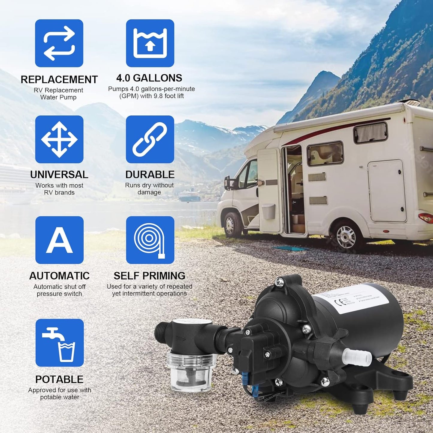 ECO-WORTHY 33-Series Water Pressure Diaphragm Pump Industrial 110V AC 4.0GPM Flow 50PSI Rated Pressure Self Priming RV Fresh Water Pump for Camper Kitchen Bathroom Marine Yacht Caravan