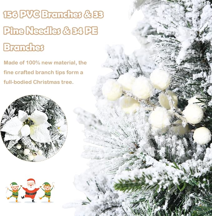 Happygrill 4ft Artificial Christmas Tree Pre-lit Entrance Xmas Tree with 100 LED Lights, Snow Flocked Potted Tree with Flowers & White Berries