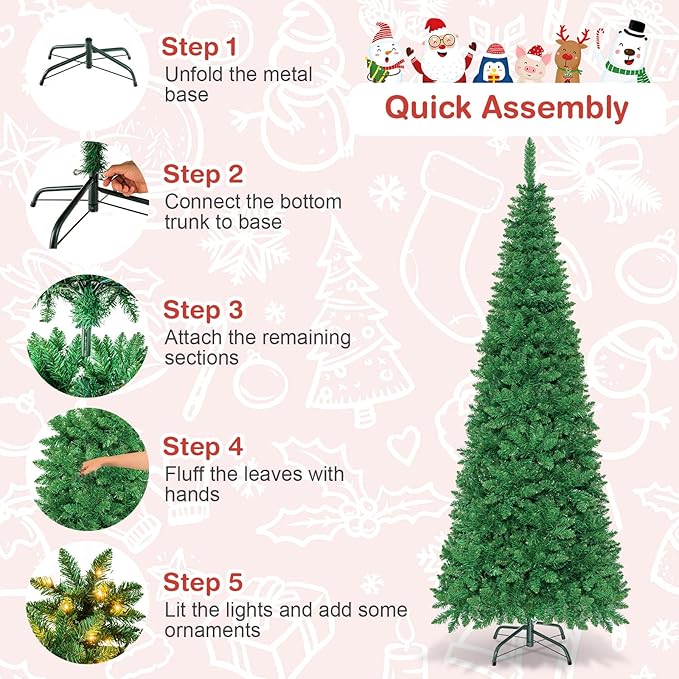 Goplus 7.5ft Prelit Pencil Christmas Tree, Premium Hinged Fir Tree, with Warm White LED Lights and Solid Metal Stand, Easy Assemble, Ideal Artificial Xmas Tree for Home and Office