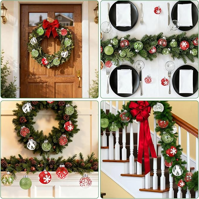 43 PCS Christmas Ball Ornaments Set, Clear Plastic Shatterproof White Red and Green Christmas Ornaments Hanging Balls Baubles Xmas Tree Decorations for Holiday Home Indoor Wedding Party Decor