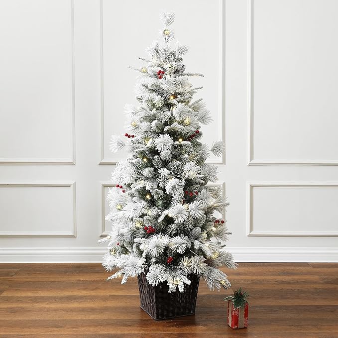 LuxenHome 4.5FT Small Potted Christmas Tree, Prelit Flocked Christmas Tree with 100 LED Lights and Artificial Trees with Red Berries, Lighted Pine Trees for Indoor, Outdoor Holiday Display