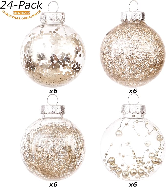 Sea Team 70mm/2.76" Shatterproof Clear Plastic Christmas Tree Ball Ornaments Set, Decorative Hanging Transparent Xmas Baubles with Stuffed Delicate Decorations (24 Counts, Champagne)