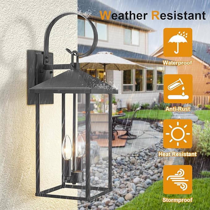 Large Outdoor Wall Lights Fixtures Wall Mount, 21.65" Large Outdoor Lanterns for Porch Light Fixture 2-Light, Modern Exterior Lighting Fixtures with Clear Glass for Outside Patio House
