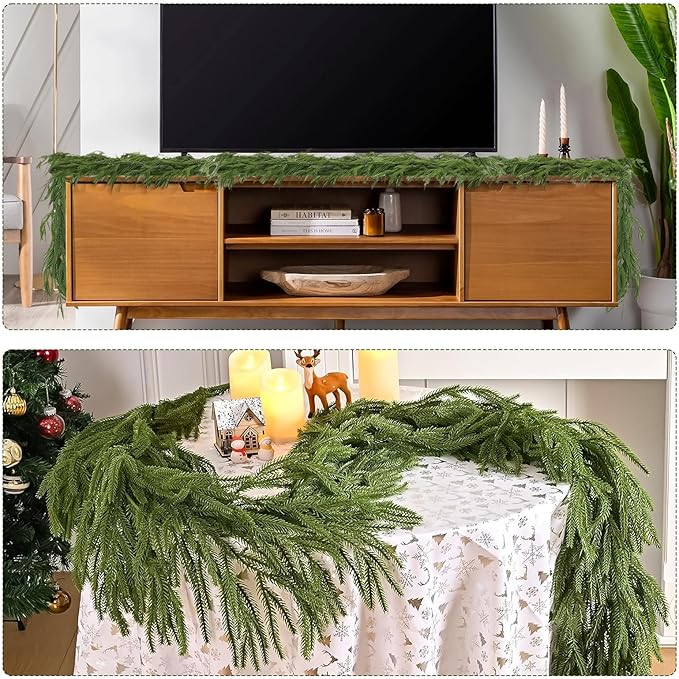 2Pcs 9FT Norfolk Pine Garland Christmas Dense Winter Pine Garland Green Artificial Faux Greenery Real Touch Garlands for Mantle, Wall, Table, Home Xmas Holiday Decor