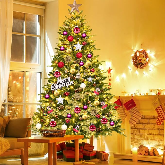 Happygrill 6.5FT Pre-lit Snow Flocked Christmas Tree Classic Natural Christmas Tree with 450 LED Lights Foldable Stand PVC PE Mixed Thick Leaves