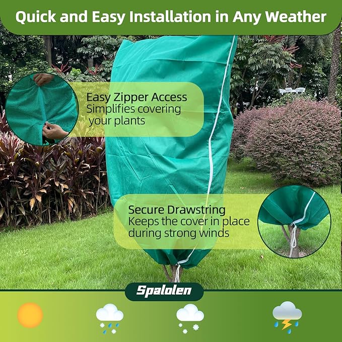 2 Pack Plant Covers Freeze Protection, 48"W x 72"H Winter Frost Blanket 2.36 oz/yd² Fabric Frost Cloth Tree Covers Shrub Jacket Bag with Zipper & Drawstring for Plants Fruit Tree Shrub Potted - Green