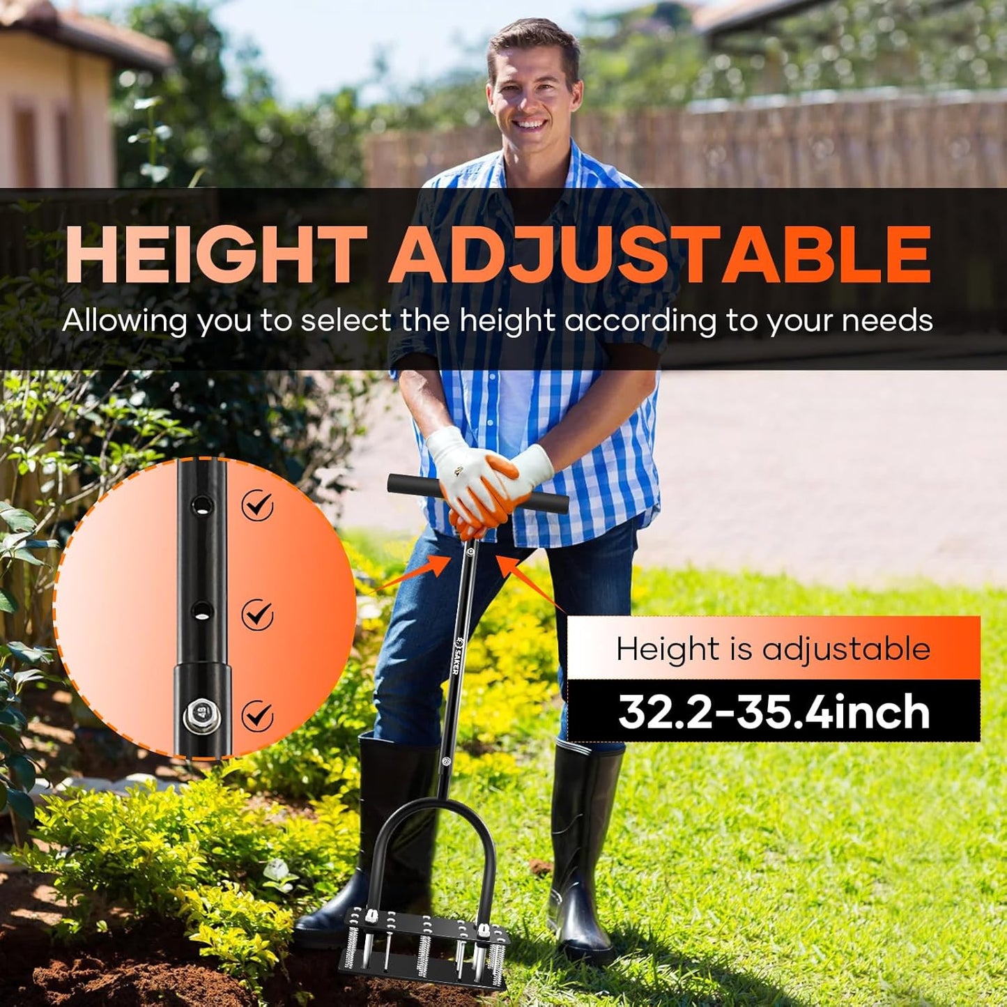 Saker Lawn Aerator, Lawn Aerator Tool with 15 Iron Spikes, Automatic Leaf and Dirt Cleaning, Spring-Loaded Design, Manual Aeration Lawn Tool for Loosening Soil Aerating Patio, Yard, Garden