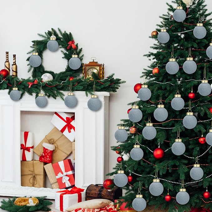 12 Pcs Velvet Christmas Balls Flocked Christmas Tree Hanging Ornaments Shatterproof Plastic Hanging Balls Decorations for Xmas Tree Party Home Holiday Decor (Dusty Blue, 3.15 inch)