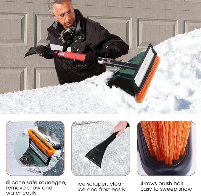 FOVAL 47.2" Extendable Ice Scraper Snow Brush with Squeegee for Windshield Window Car Trucks SUVs, 270° Pivoting Brush Head, Essential Winter Tool Ice Snow Remover with Comfortable Foam Grip