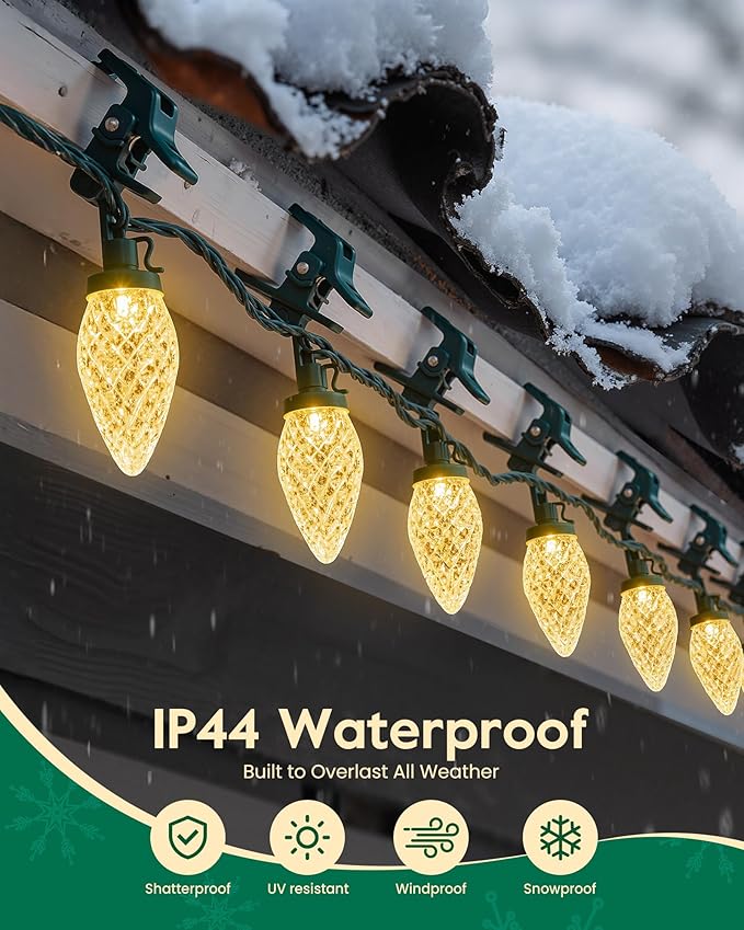 C9 Christmas Lights Outdoor with 110 Spring Clips, 81FT 110 LED C9 String Lights Waterproof Connectable for Outside Roofline Patio House Yard Windows Indoor Outdoor Christmas Decorations, Multicolor