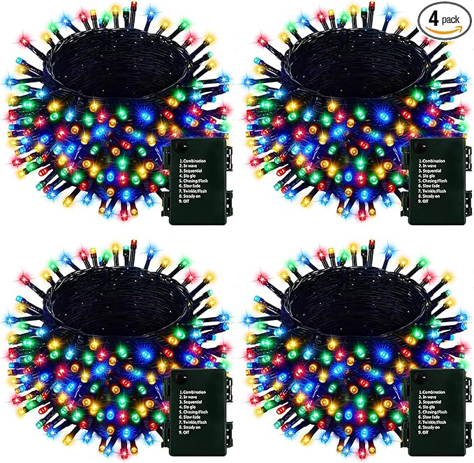Upgraded 4Pack 160FT 400 LED Battery Operated Christmas String Lights Outdoor/Indoor, Timer & 8 Modes with Green Wire Christmas Tree Lights, Waterproof Fairy Lights for Xmas Tree Garden(Multicolor)