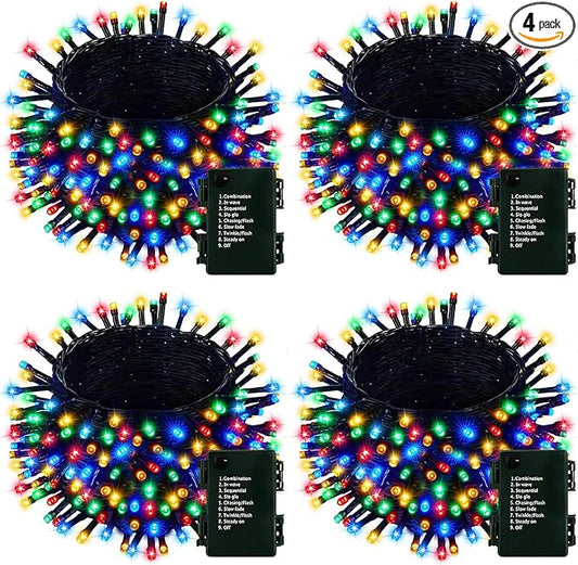 Upgraded 4Pack 160FT 400 LED Battery Operated Christmas String Lights Outdoor/Indoor, Timer & 8 Modes with Green Wire Christmas Tree Lights, Waterproof Fairy Lights for Xmas Tree Garden(Multicolor)