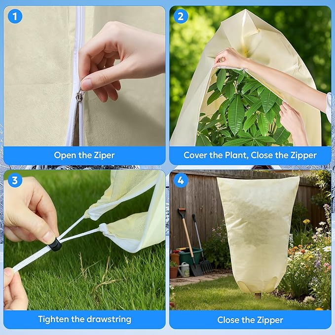 MIXC Plant Covers Freeze Protection, 23.6''×23.6'' Winter Cold Weather Frost Blankets Shrub Jacket with Drawstring Reusable Frost Protection Cloth for Outdoor Plants Fruit Tree Potted (4 Pack)