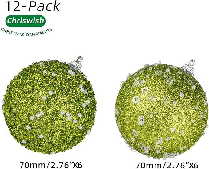 12CT Christmas Ball Ornaments, Green Christmas Ball Decorations Shatterproof Plastic Hanging Pearl Balls for Holiday Party(70mm/2.76")