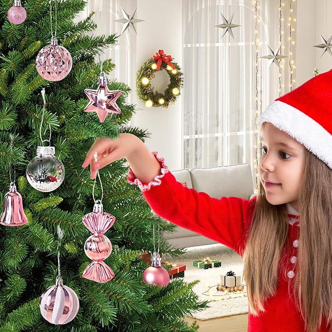 ILLUMINEW 111-Pack Christmas Balls Ornaments,Assorted Shatterproof Pink Christmas Ornaments Set, Luxurious Hanging Pendants Package for Tree Party Holiday Indoor Decor