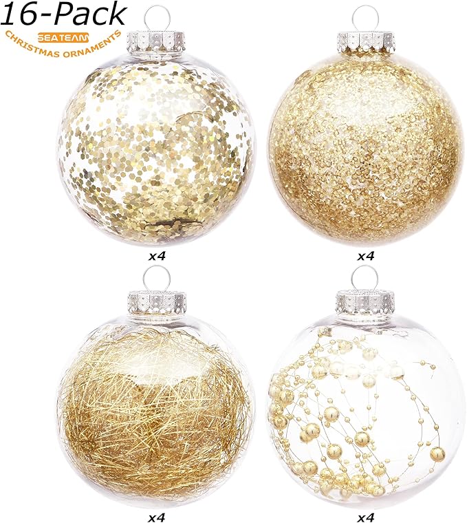 Sea Team Shatterproof Clear Plastic Christmas Ball Ornaments Decorative Xmas Balls Baubles Set with Stuffed Delicate Decorations (100mm/3.94 inch 16-Pack, Gold)