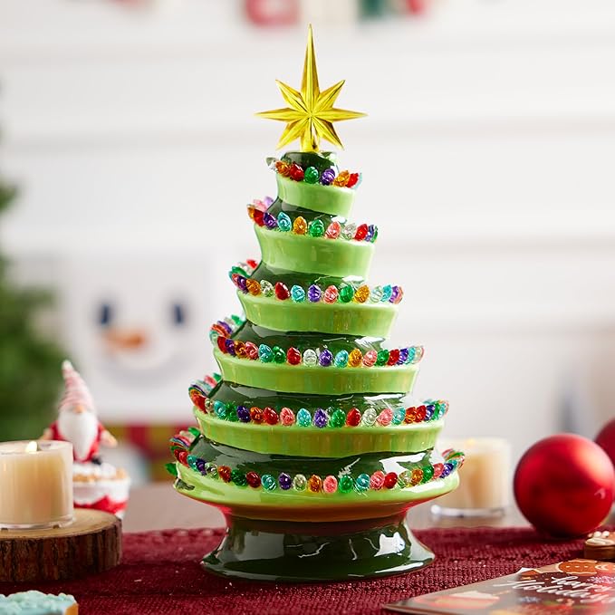 JOIEDOMI 12" Novelty Ceramic Christmas Tree, Lightup Tabletop Xmas Tree with 220 Spiral-Arranged LED Lights, Classic Retro Porcelain Tabletop Decor for Xmas Indoor Office Decorations