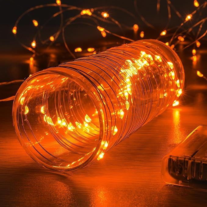 1 Pack 16.4ft Battery Operated String Lights with Timer, Orange with Synchronized Twinkle Mode, Fairy Lights Battery Powered, 50 LEDs, Idea for Christmas Bedroom Party Wedding