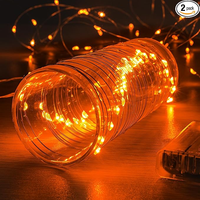 2 Pack 16.4ft Battery Operated String Lights with Timer, Orange with Synchronized Twinkle Mode, Fairy Lights Battery Powered, 50 LEDs, Idea for Christmas Bedroom Party Wedding