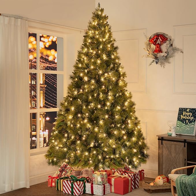 Naomi Home Vail 9ft Prelit Artificial Christmas Tree with Pine Cones, Foot Pedal, 2294 Branch Tips, 1050 Warm Lights and Metal Stand, 62" Wide Realistic Traditional Christmas Tree with Lights