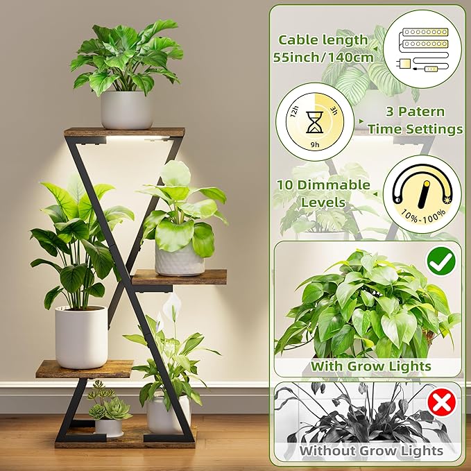 Plant Stand Indoor with Grow Lights - 2 Pack Corner Plant Shelf Indoor, 32" Tall Lighted Plant Stand for Indoor Plants, 6 Tiered Z-Shape Flower Stands Display Holder for Living Room, Decor, Black