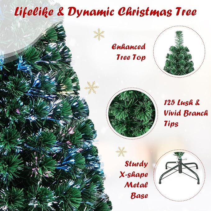 HAPPYGRILL 4FT Pre-Lit Fiber Optic Christmas Tree Artificial Christmas Tree with 125 PVC Tips, Green Xmas Tree with LED Lights for Indoor Outdoor Festival Decor