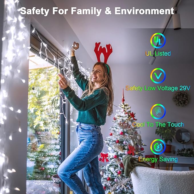 66FT LED Christmas Lights with 140 Drops, Outdoor Hanging Lights 490 LED 8 Modes, Outsite Fairy String Lights for Wedding Party Holiday Cool White