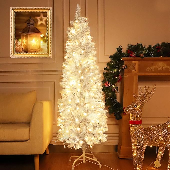 5 Ft Prelit White Pencil Artificial Christmas Tree with Timer 180 LED Warm White & Colorful Change Lights 8 Modes Plug in 550 Branch Tips Metal Stand Slim Tree Xmas Decor Indoor Outdoor