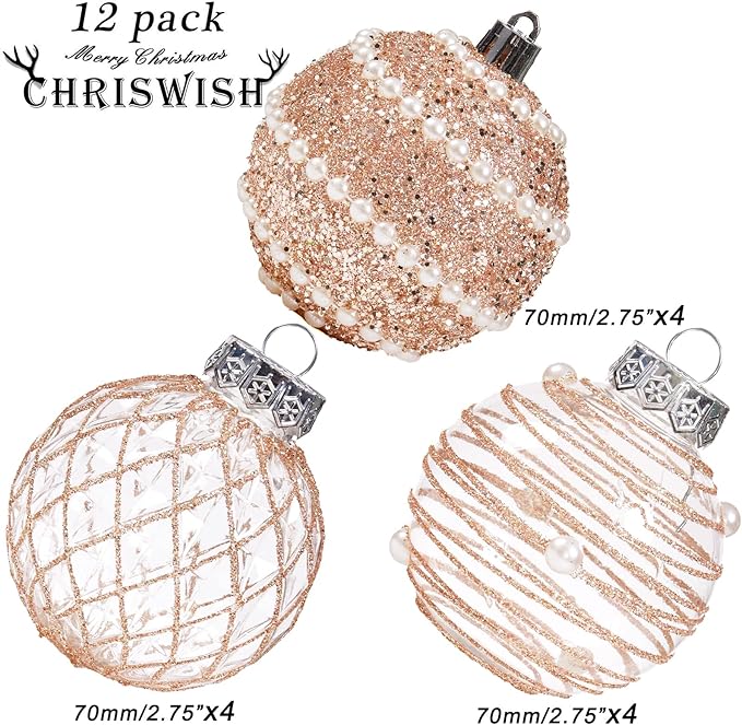 12CT Christmas Ball Ornaments Rose Gold Shatterproof Clear Large Plastic Christmas Tree Decoration, Delicate Hanging Ornaments for Xmas Party, Wedding, Holiday and Home Décor(70mm/2.76")