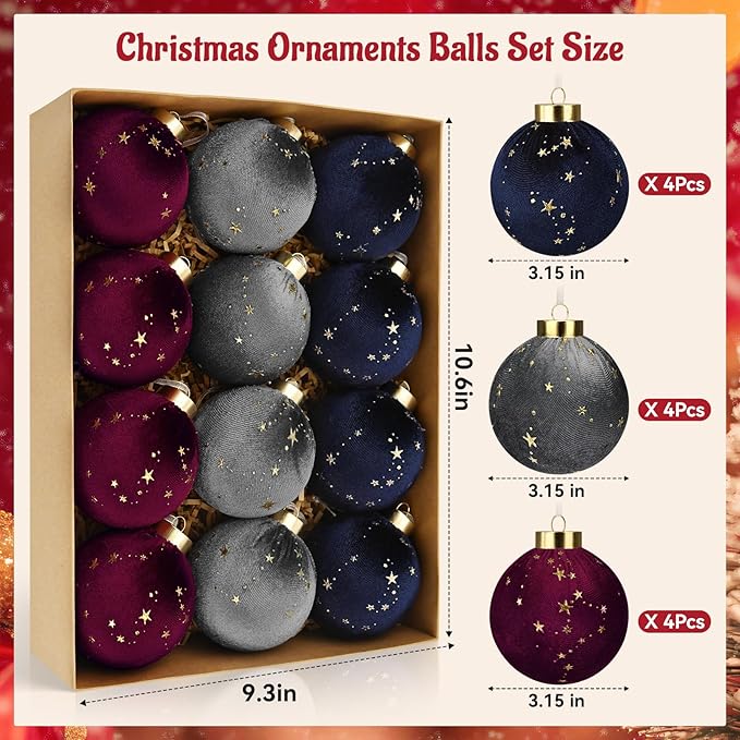 Christmas Tree Ornaments Velvet Balls - 12 Pcs Shatterproof Christmas Tree Hanging Bulbs Decorations Set for Holiday Party Xmas - Multicolor Rouge Blue Grey - 3.15 Inch (80mm)
