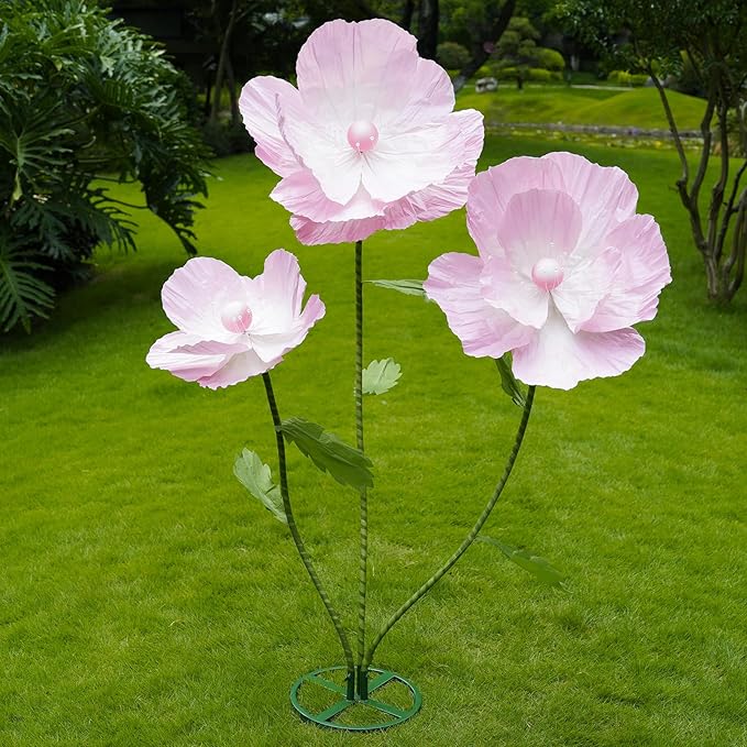 Giant Flowers for Decoration,Large Paper Flowers with Standing Stems and Base,3 pcs Artificial Flowers for Home Decor, Wedding Decorate, Photography Props, Party Banquet (Pink)