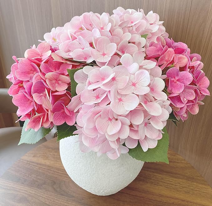 6PCS 23 inch Mix Pink Hydrangea Artificial Flowers，Real Touch Hydrangea Large，Fake Soft Hydrangeas with Leaves Stems - Mix Pink