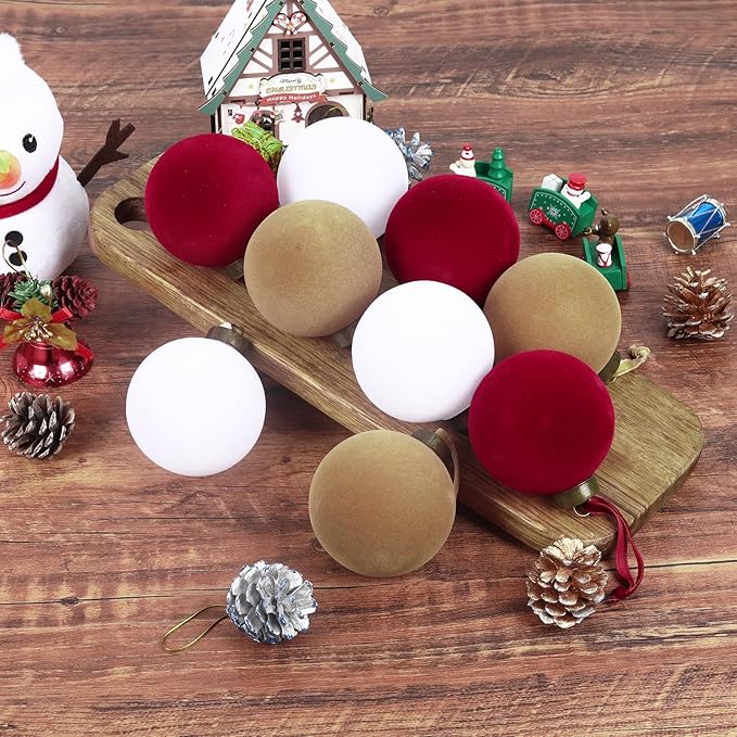 24 Pcs Velvet Christmas Balls Bulk Shatterproof Plastic Christmas Tree Decorations for Decorative Hanging Baubles (24, White、Wine red、Khaki, 2.36Inch)