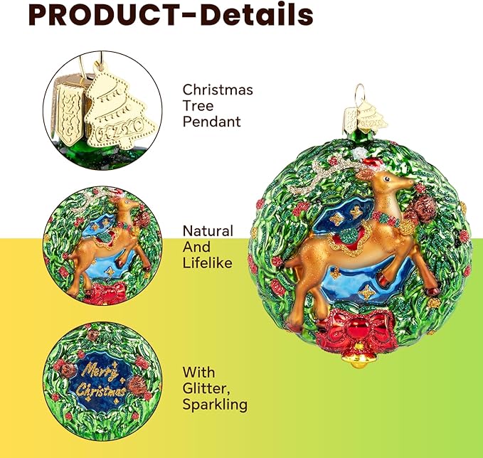 Reindeer Christmas Tree Ornaments,Blown Glass Christmas Ornaments, Wreath Collection Hanging Ornaments,Glass Home Decorations for Animal Lovers Holiday Party Daily Gifts