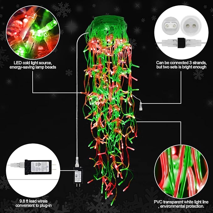 JXLEDAYY 65 FT 640 LED Christmas Lights Outdoor Decorations Clear Wire String Lights Plug in 120 Drops 8 Modes Memory Timer Curtain Fairy Lights Waterproof for Holiday Wedding Party-Red and Green