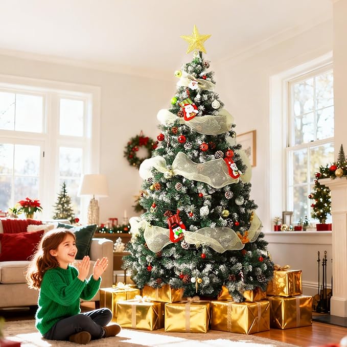 6ft Lighted Green Christmas Tree with Pine Cones, Snow Flocked Branches, and 300 Warm White LED Lights, Lush Realistic Artificial Xmas Tree with Sturdy Metal Stand for Indoor Holidays