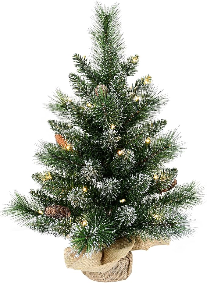 30 Led Warm Lights Pre-Lit Artificial Mini Christmas Tree, 2ft Snow Tipped Pine Artificial Christmas Tree,Seasonal Indoor Home Decor with Decorative Burlap Base