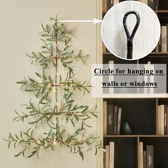 Hairui Lighted Wall Hanging Olive Tree with Timer 3.5FT 140 Warm White LED Fairy Lights, Vine Garland with Lights for Home Room Fireplace Wall Window Christmas Decoration Inside Outside