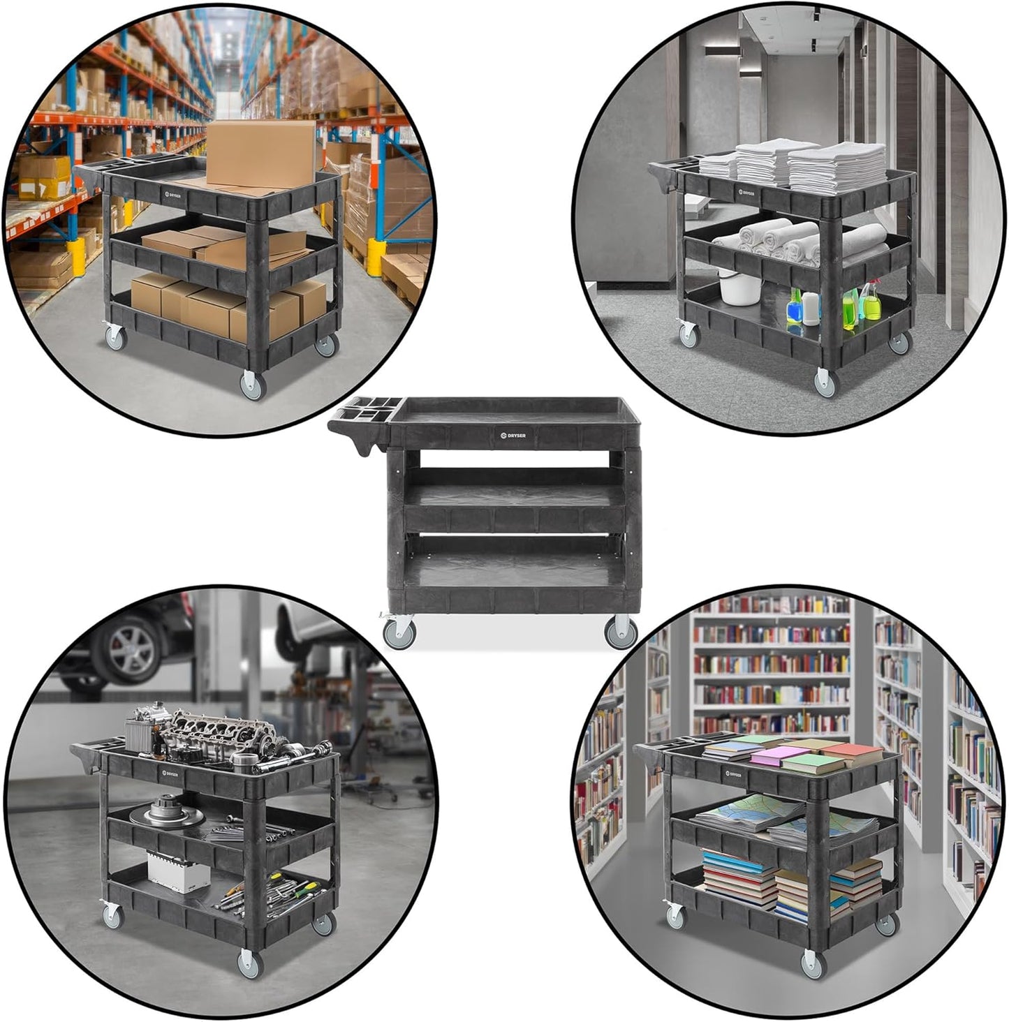 Dryser Utility Cart with Wheels, 46" x 25" Heavy Duty 550 lb. Capacity with Shelves - 3 Tier Rolling Cart with Two 5" Swivel Casters for Warehouse, Garage, Cleaning