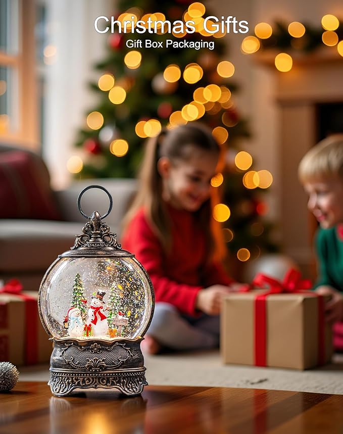 Snow Globe Lights Welcome Snowman Scene Tree Scene Music Box, USB and Battery Powered Christmas Decorations Presents.
