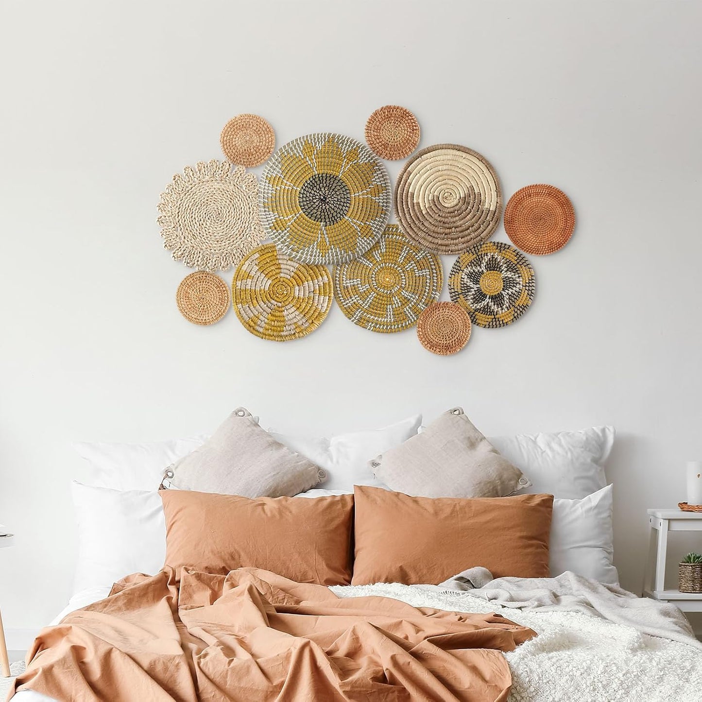 Tatuo 11 Pcs Boho Wall Basket Decor Decorative Bulrush Woven Basket Wall Decor Art Round Farmhouse Hanging Baskets for Kitchen Rustic Home Summer Decorations, Multi Sizes(Lively)