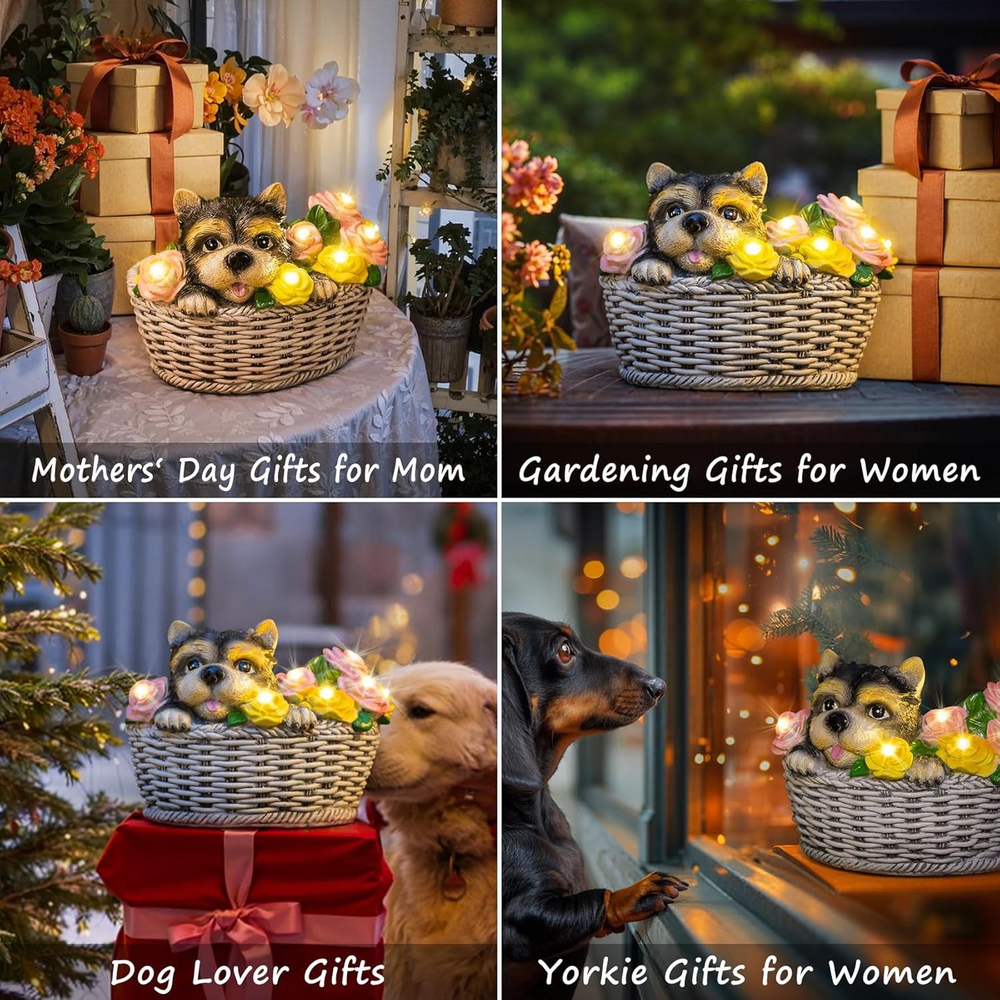 HOMEIMPRO Solar Garden Decor Dog Garden Gifts for Women, Yorkie Puppy Lovers Gifts Mothers Day Birthday for Mom Grandma,Outdoor Statues Solar Lights, 8LED Lights Balcony Yard Decor, Patio