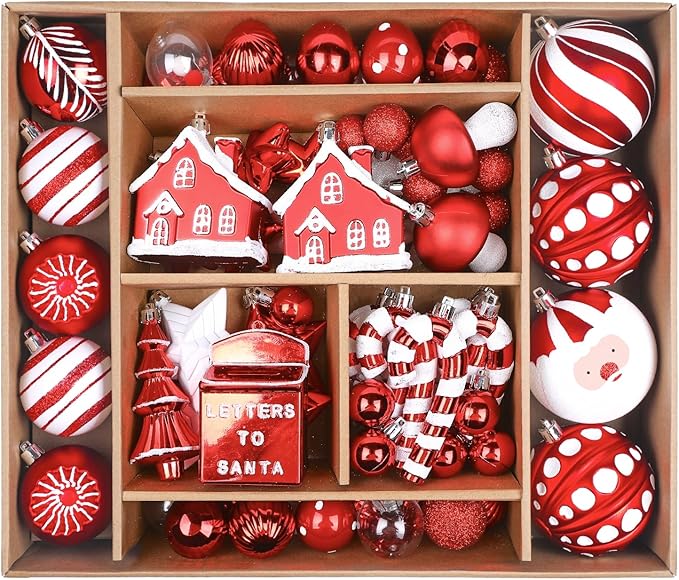 SHareconn 80ct Christmas Balls Ornaments Set, Shatterproof Plastic Colorful Xmas Decorative, Baubles for Tree Decorations with Hanging Strings, Red & White