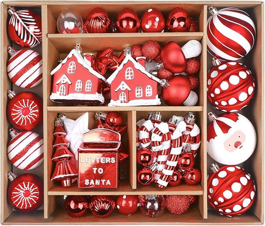 SHareconn 80ct Christmas Balls Ornaments Set, Shatterproof Plastic Colorful Xmas Decorative, Baubles for Tree Decorations with Hanging Strings, Red & White