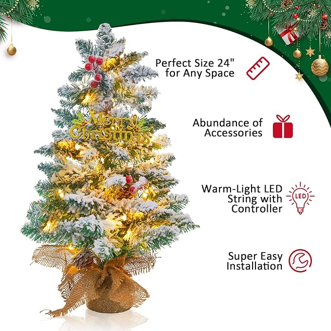 Small Mini Table top Flocked Christmas Tree with 50 LED Lights 24 Inch /2FT Little Prelit Christmas Tree Decorated Gift Boxes and Hanging Ornaments for DIY Christmas Decoration